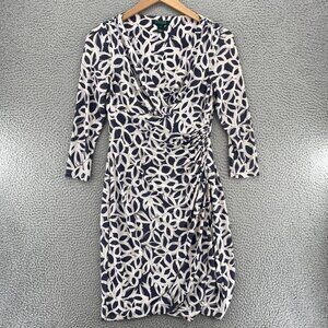 Lauren Ralph Lauren Dress Womens 8 Gray Abstract Floral Surplice Empire Waist